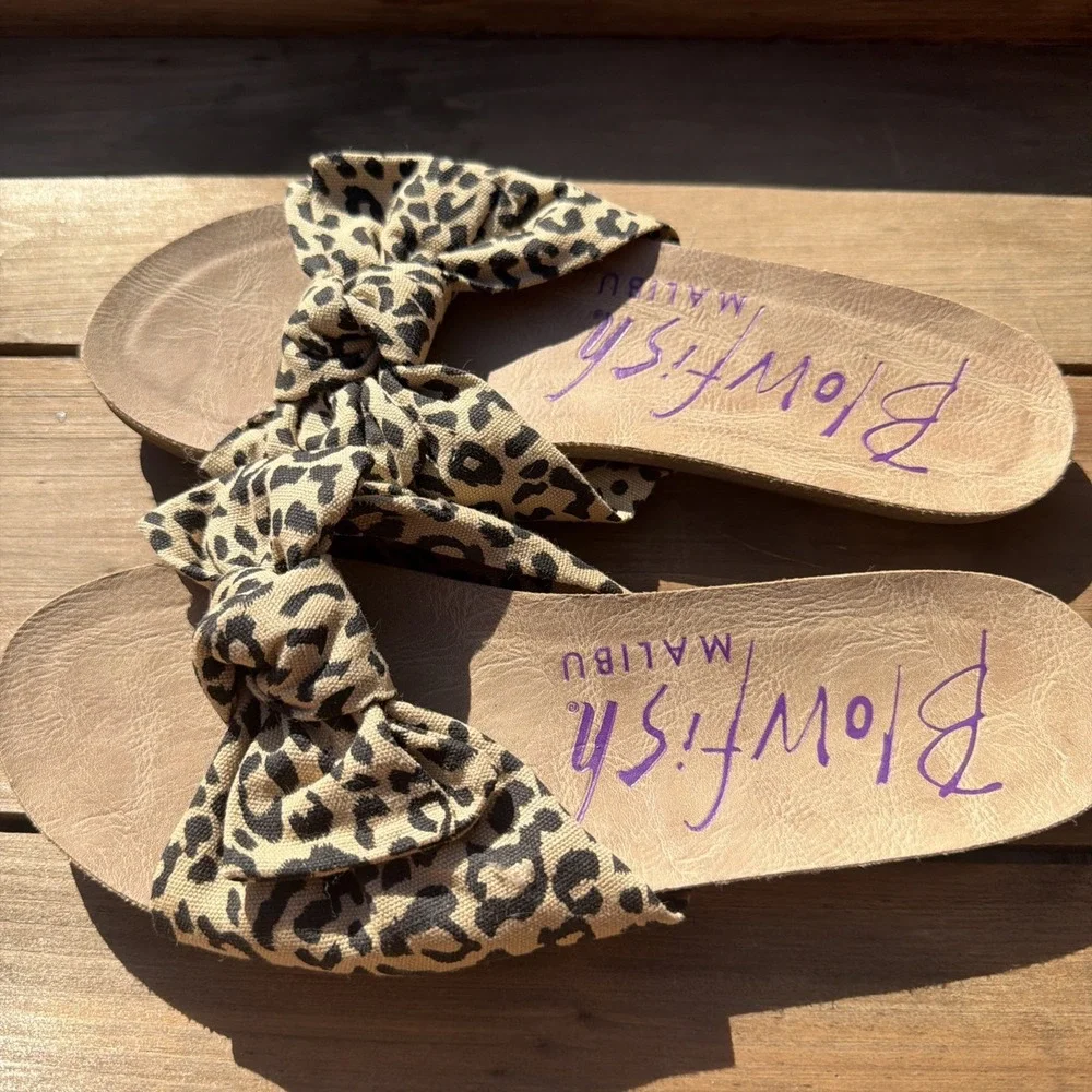 Blowfish Women's Animal Print Bow Slide Sandals Cotton Blend Slip-On Size 6.5